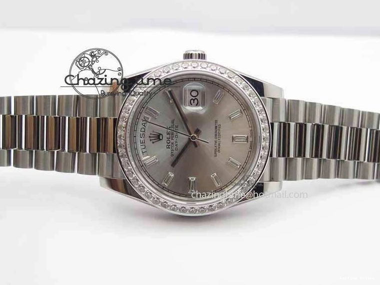 0126 TechFriendly Day Date 40mm SS BP Maker Best Edition Diamond Bezel Silver Dial On SS Bracelet ETA 3696